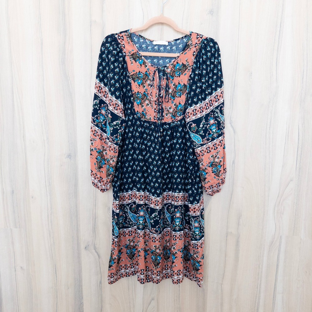 Womens Floral Boho Dress Large Navy Orange Paisley Long Sleeve Peasant Global